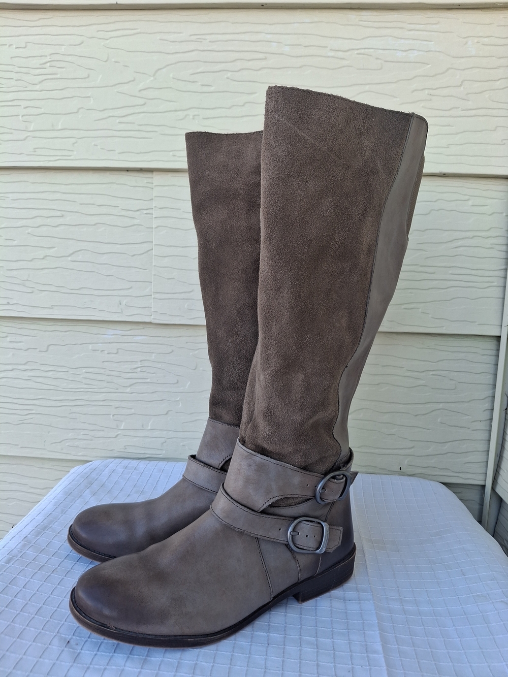 Lucky Brand Women's Tall Suede & Leather Buckle Boots in Taupe Sz 37.5